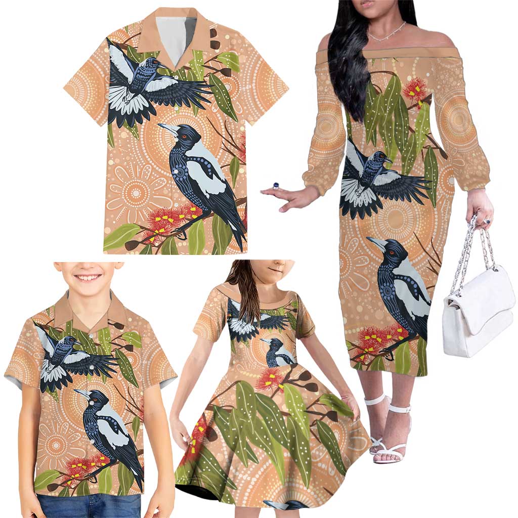 Magpies On Eucalyptus Australia Aboriginal Family Matching Off The Shoulder Long Sleeve Dress and Hawaiian Shirt - Aussie Hoodie
