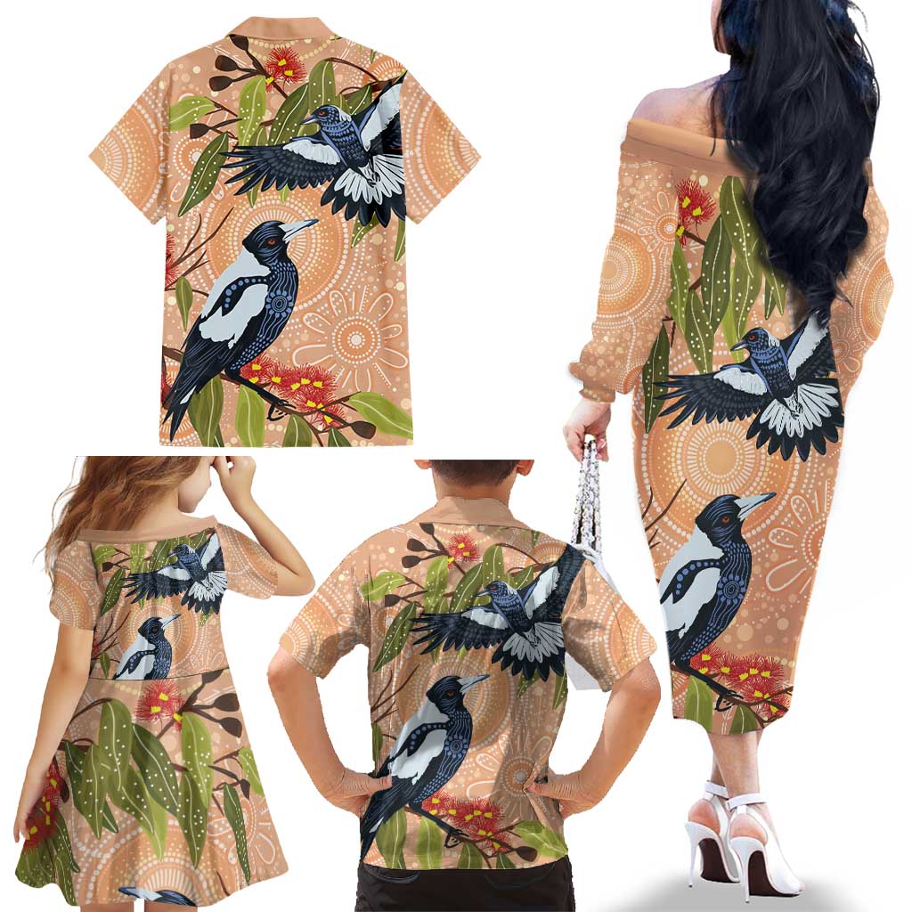 Magpies On Eucalyptus Australia Aboriginal Family Matching Off The Shoulder Long Sleeve Dress and Hawaiian Shirt - Aussie Hoodie