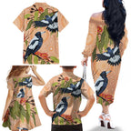 Magpies On Eucalyptus Australia Aboriginal Family Matching Off The Shoulder Long Sleeve Dress and Hawaiian Shirt - Aussie Hoodie