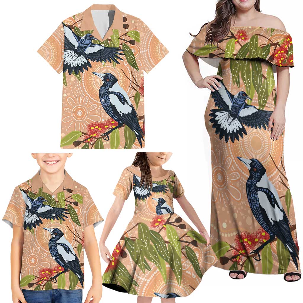 Magpies On Eucalyptus Australia Aboriginal Family Matching Off Shoulder Maxi Dress and Hawaiian Shirt - Aussie Hoodie