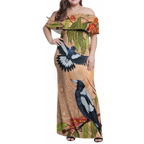 Magpies On Eucalyptus Australia Aboriginal Family Matching Off Shoulder Maxi Dress and Hawaiian Shirt - Aussie Hoodie