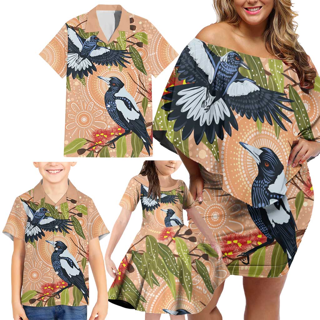 Magpies On Eucalyptus Australia Aboriginal Family Matching Off Shoulder Short Dress and Hawaiian Shirt - Aussie Hoodie
