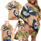Magpies On Eucalyptus Australia Aboriginal Family Matching Off Shoulder Short Dress and Hawaiian Shirt - Aussie Hoodie