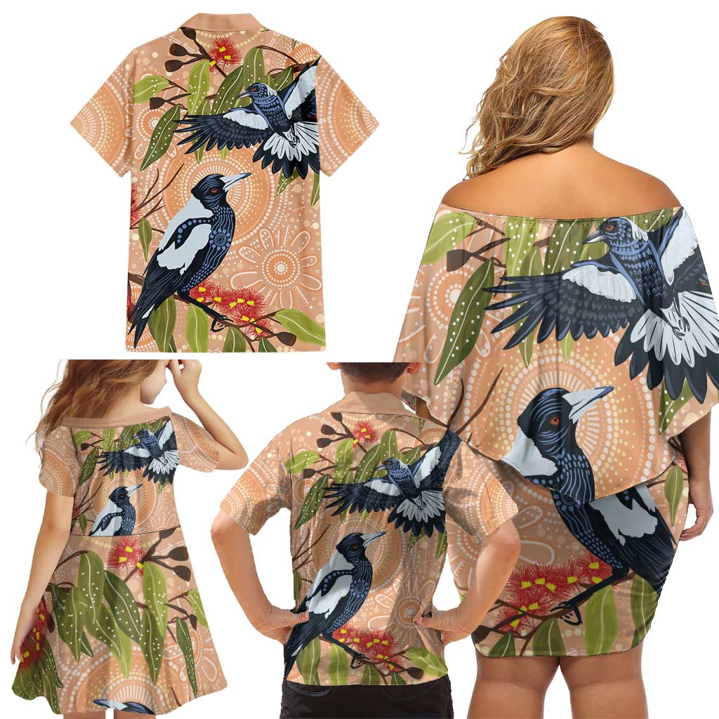 Magpies On Eucalyptus Australia Aboriginal Family Matching Off Shoulder Short Dress and Hawaiian Shirt - Aussie Hoodie