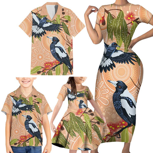 Magpies On Eucalyptus Australia Aboriginal Family Matching Short Sleeve Bodycon Dress and Hawaiian Shirt - Aussie Hoodie