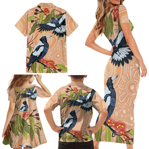 Magpies On Eucalyptus Australia Aboriginal Family Matching Short Sleeve Bodycon Dress and Hawaiian Shirt - Aussie Hoodie