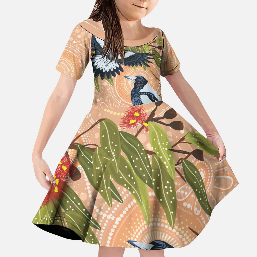 Magpies On Eucalyptus Australia Aboriginal Kid Short Sleeve Dress - Aussie Hoodie