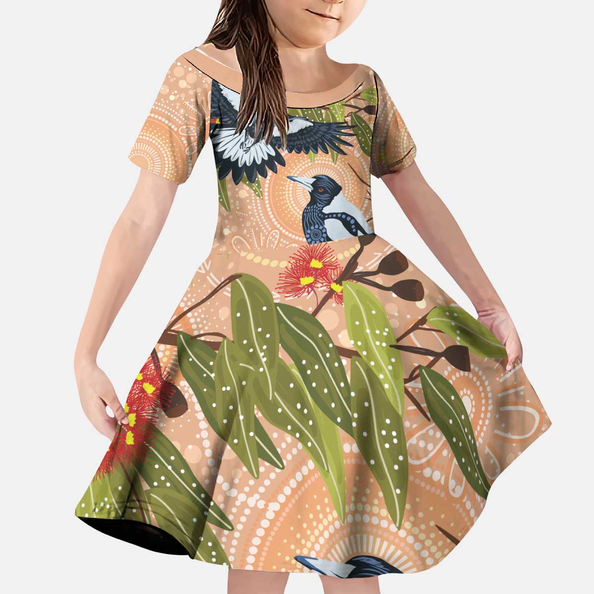Magpies On Eucalyptus Australia Aboriginal Kid Short Sleeve Dress - Aussie Hoodie