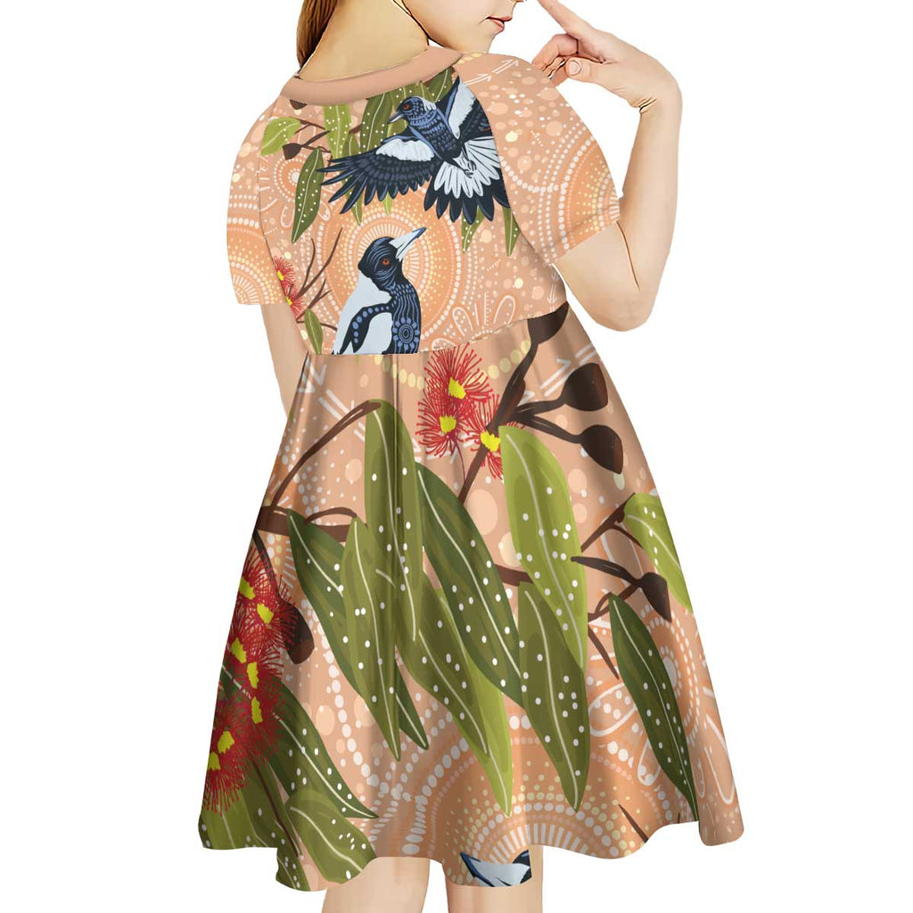Magpies On Eucalyptus Australia Aboriginal Kid Short Sleeve Dress - Aussie Hoodie