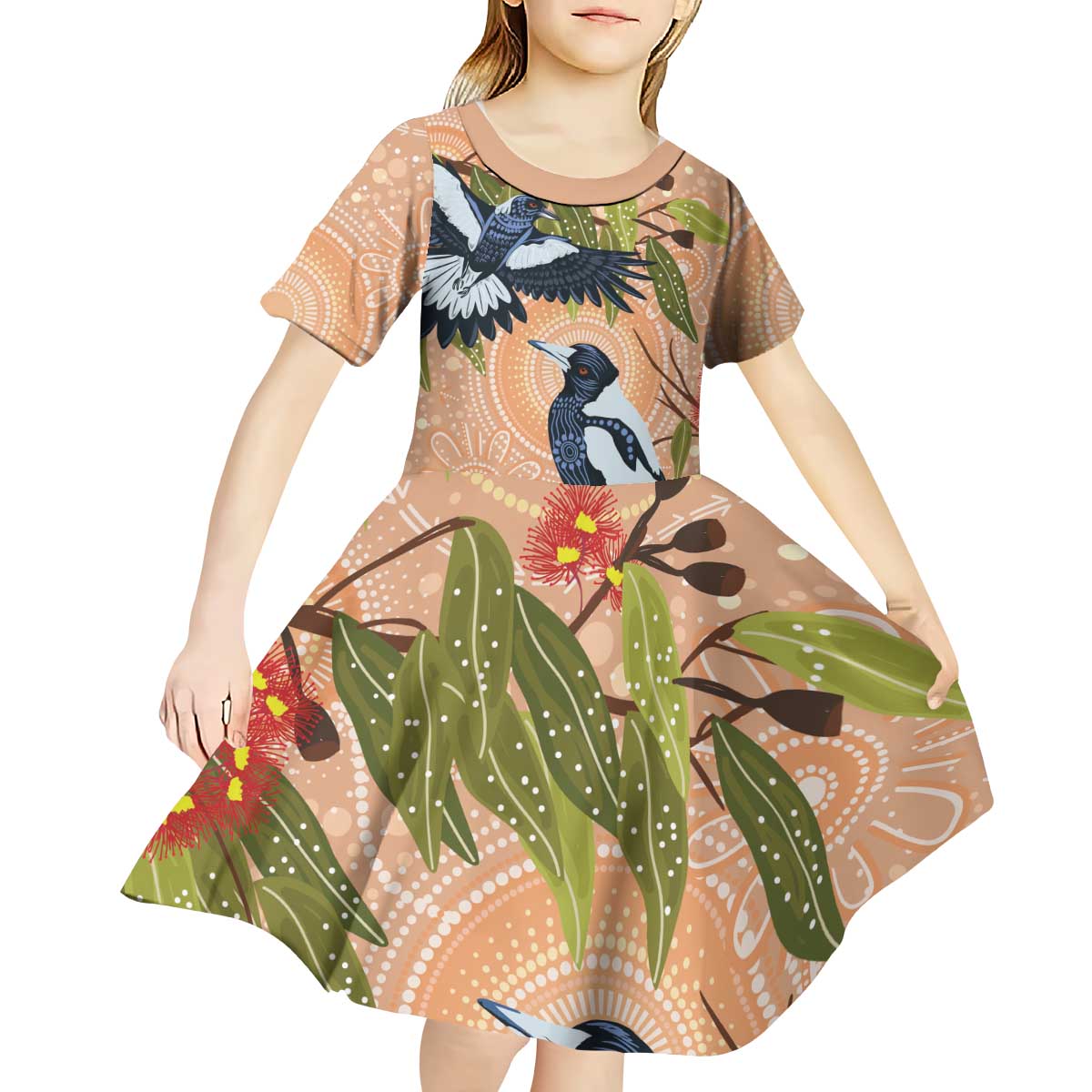 Magpies On Eucalyptus Australia Aboriginal Kid Short Sleeve Dress - Aussie Hoodie