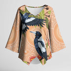 Magpies On Eucalyptus Australia Aboriginal Kimono Sleeve Blouse - Aussie Hoodie