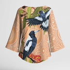 Magpies On Eucalyptus Australia Aboriginal Kimono Sleeve Blouse - Aussie Hoodie