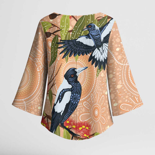Magpies On Eucalyptus Australia Aboriginal Kimono Sleeve Blouse - Aussie Hoodie