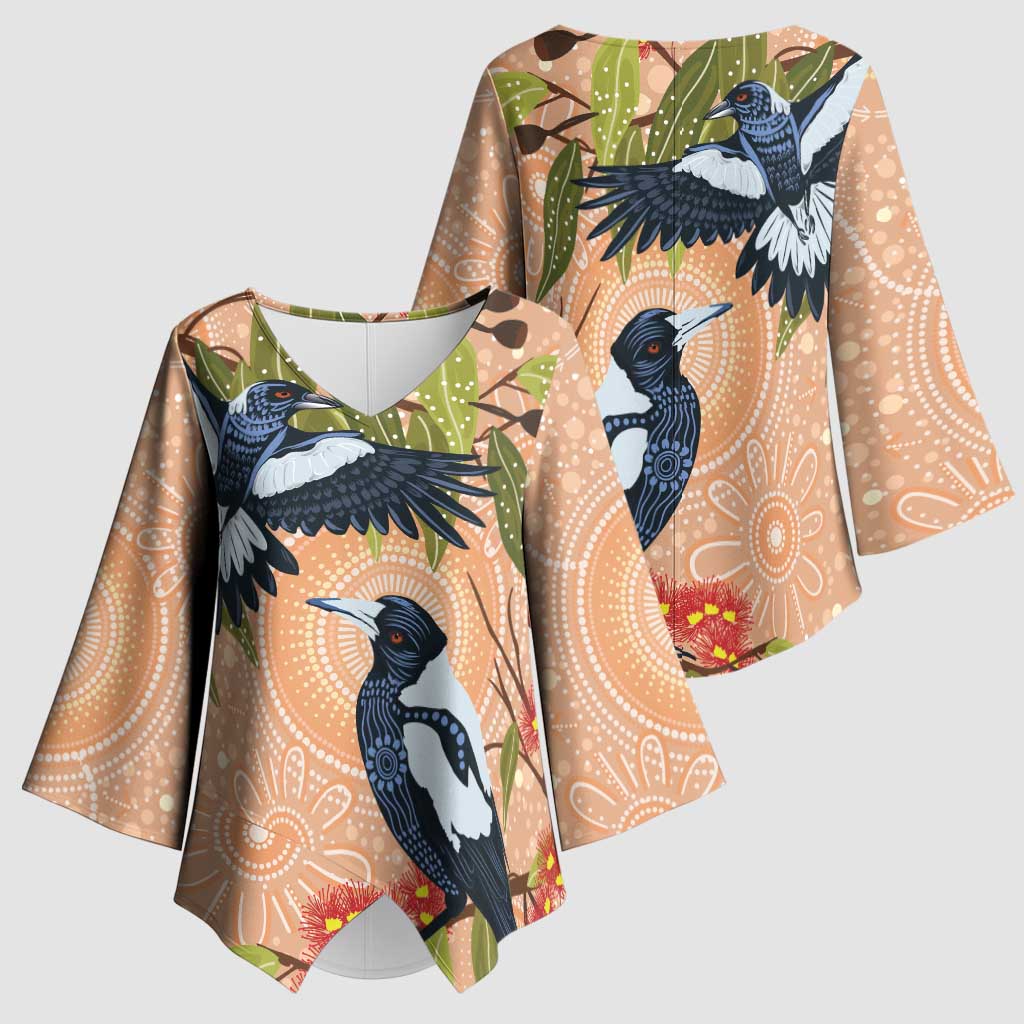 Magpies On Eucalyptus Australia Aboriginal Kimono Sleeve Blouse - Aussie Hoodie