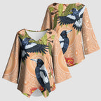 Magpies On Eucalyptus Australia Aboriginal Kimono Sleeve Blouse - Aussie Hoodie