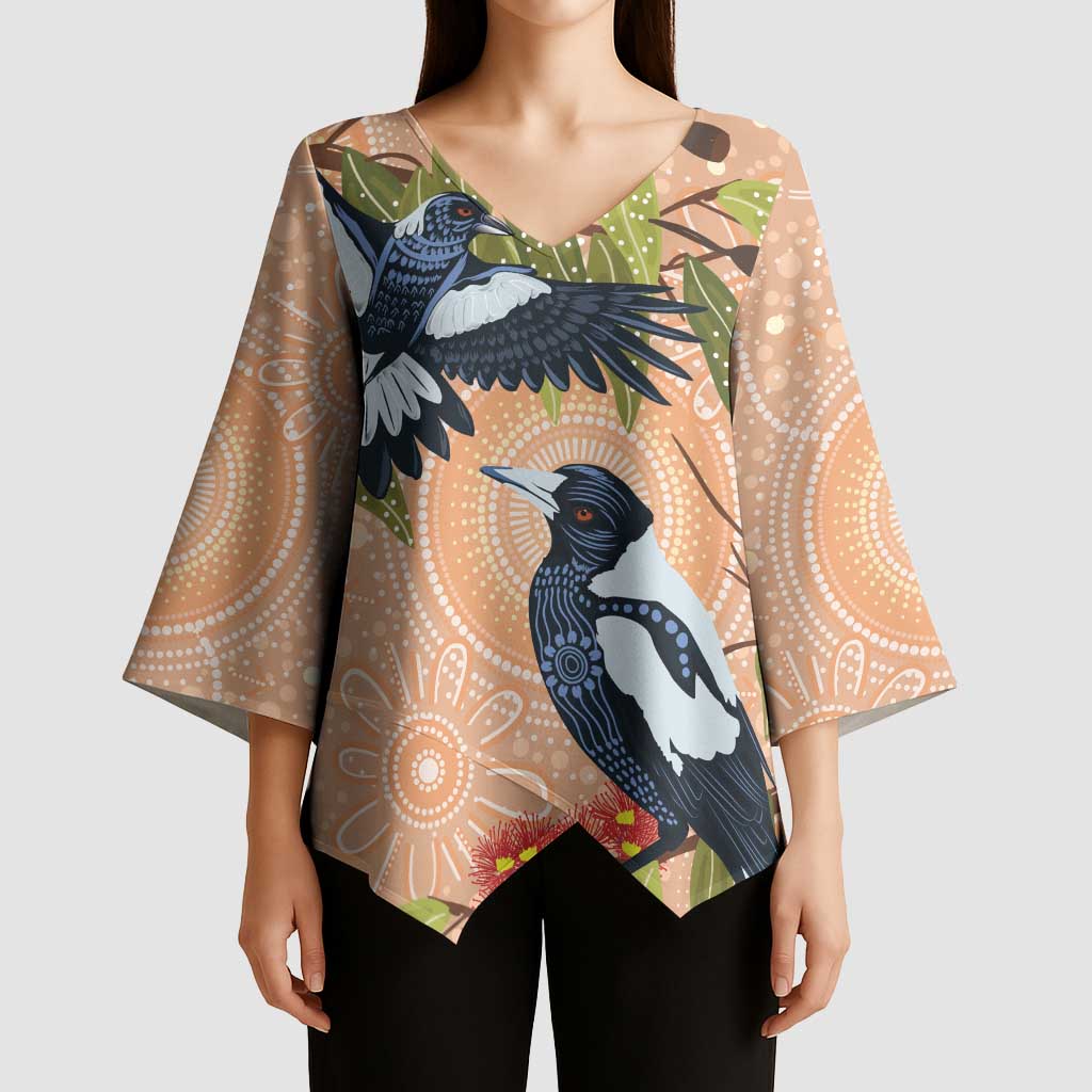 Magpies On Eucalyptus Australia Aboriginal Kimono Sleeve Blouse - Aussie Hoodie