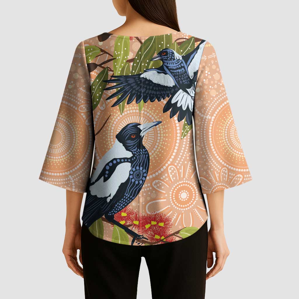 Magpies On Eucalyptus Australia Aboriginal Kimono Sleeve Blouse - Aussie Hoodie