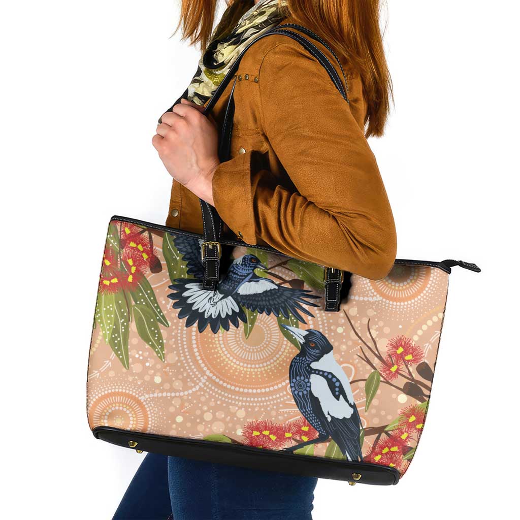 Magpies On Eucalyptus Australia Aboriginal Leather Tote Bag - Aussie Hoodie