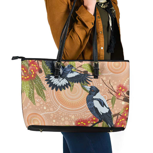 Magpies On Eucalyptus Australia Aboriginal Leather Tote Bag - Aussie Hoodie
