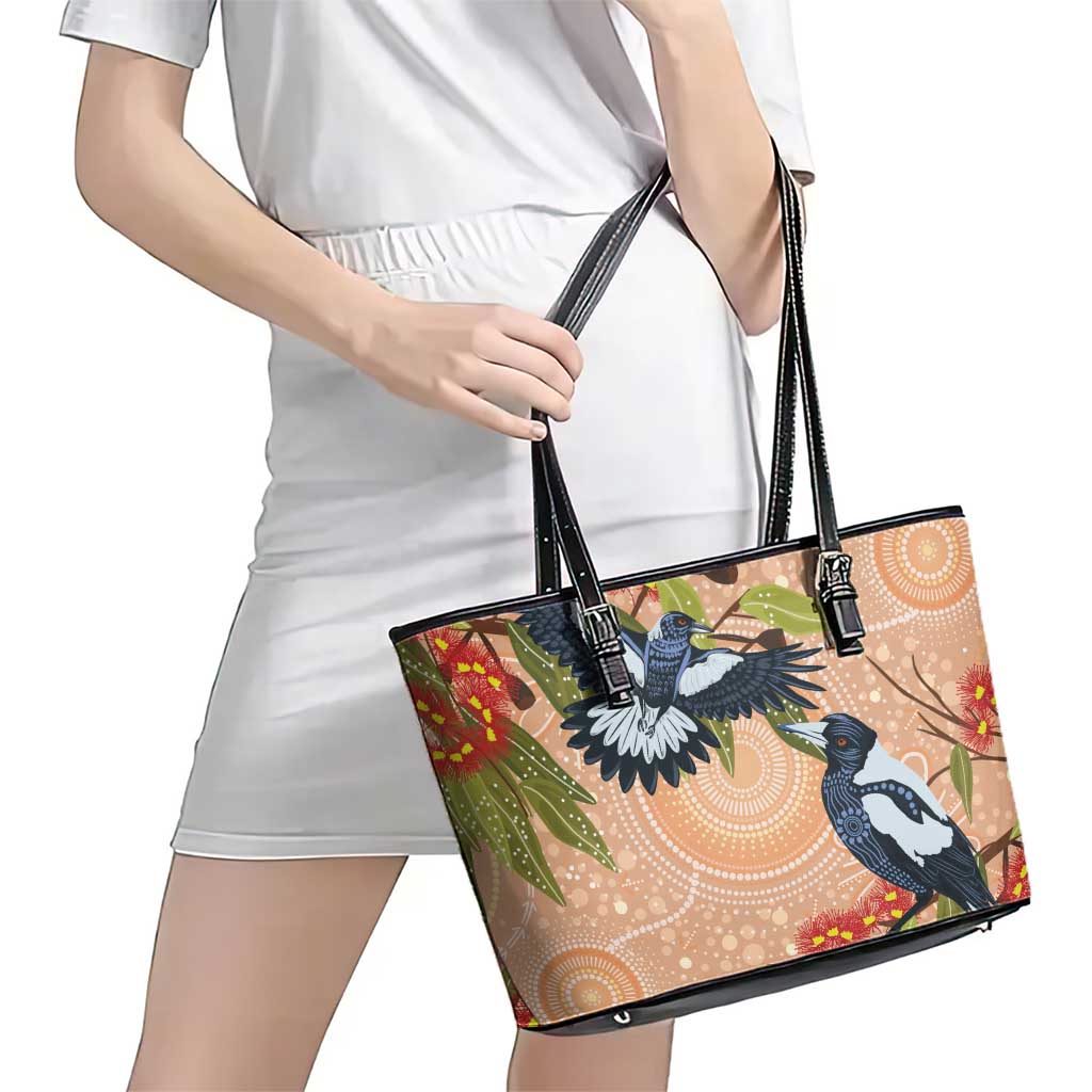 Magpies On Eucalyptus Australia Aboriginal Leather Tote Bag - Aussie Hoodie