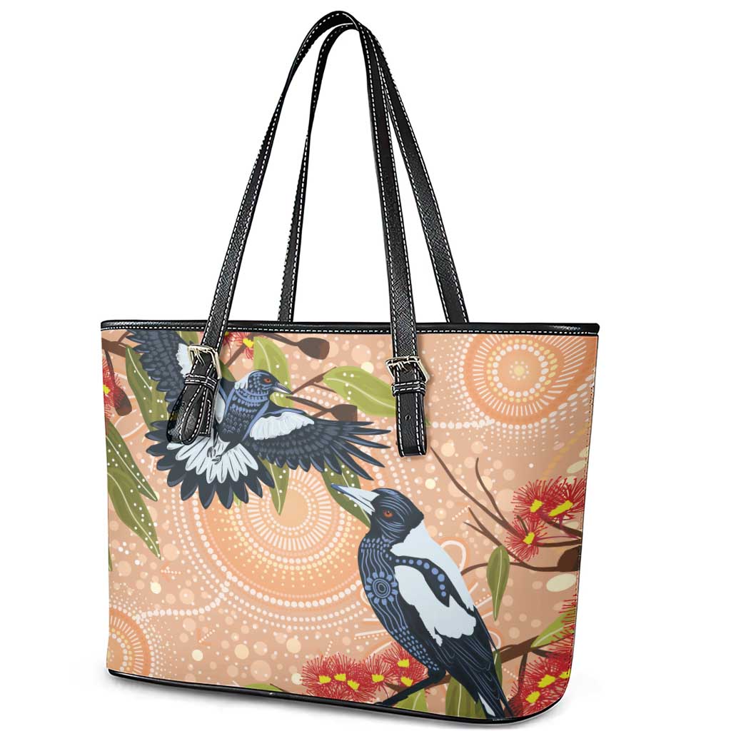 Magpies On Eucalyptus Australia Aboriginal Leather Tote Bag - Aussie Hoodie