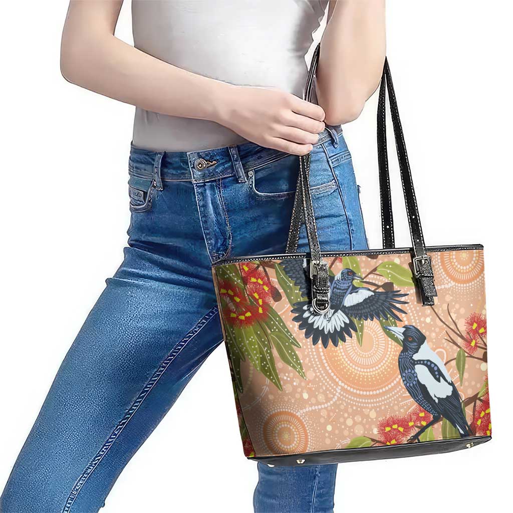 Magpies On Eucalyptus Australia Aboriginal Leather Tote Bag - Aussie Hoodie