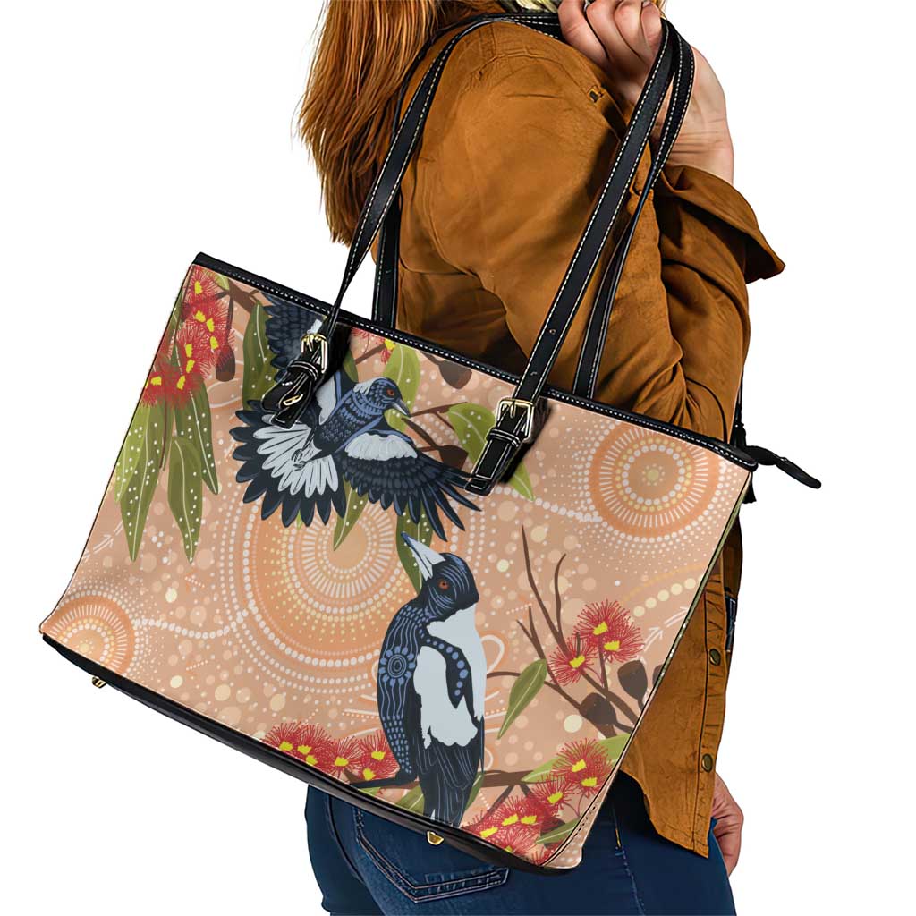 Magpies On Eucalyptus Australia Aboriginal Leather Tote Bag - Aussie Hoodie