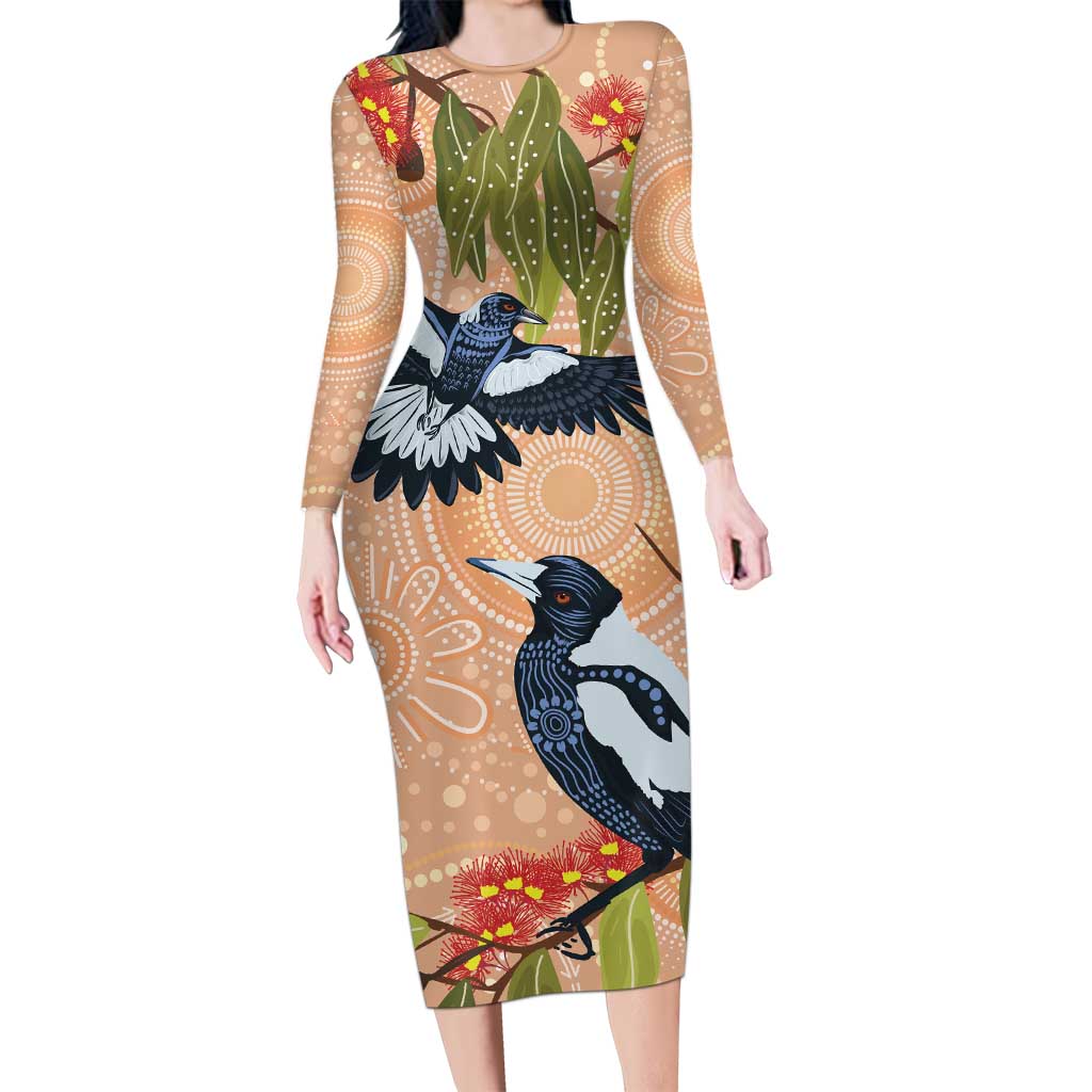 Magpies On Eucalyptus Australia Aboriginal Long Sleeve Bodycon Dress - Aussie Hoodie
