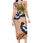 Magpies On Eucalyptus Australia Aboriginal Long Sleeve Bodycon Dress - Aussie Hoodie