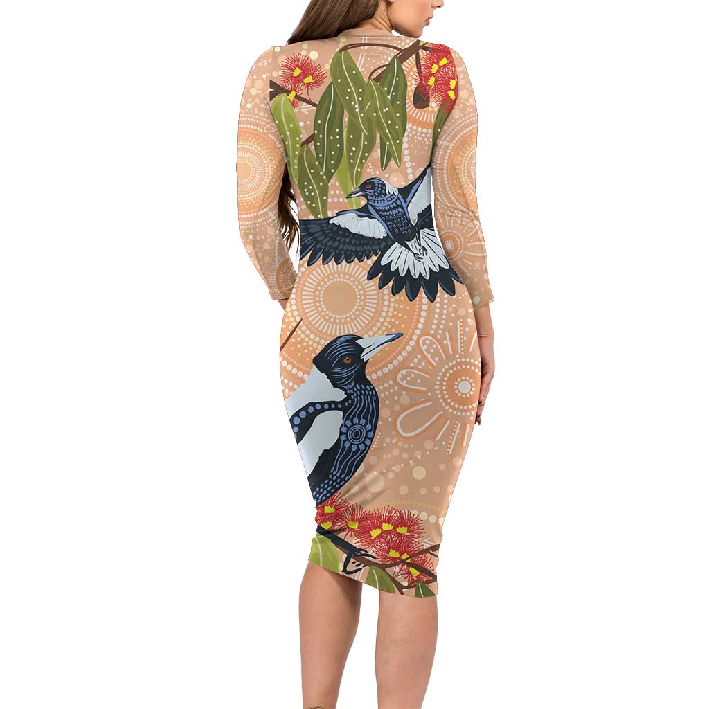 Magpies On Eucalyptus Australia Aboriginal Long Sleeve Bodycon Dress - Aussie Hoodie