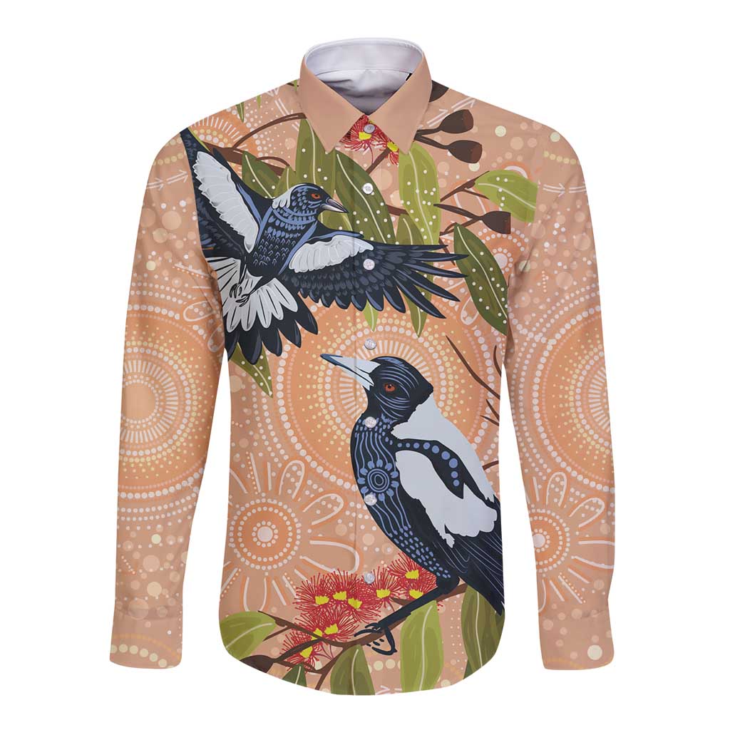 Magpies On Eucalyptus Australia Aboriginal Long Sleeve Button Shirt - Aussie Hoodie