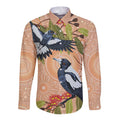 Magpies On Eucalyptus Australia Aboriginal Long Sleeve Button Shirt - Aussie Hoodie
