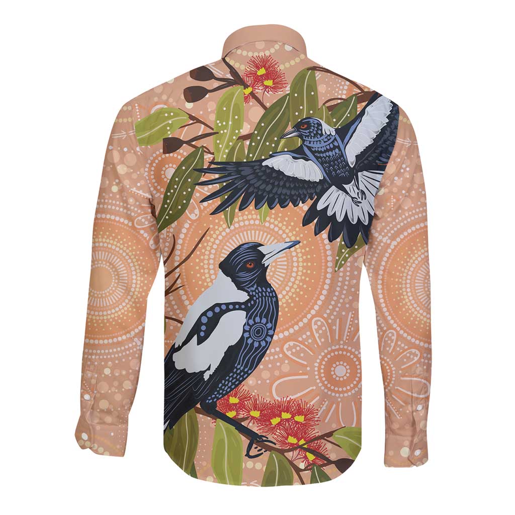 Magpies On Eucalyptus Australia Aboriginal Long Sleeve Button Shirt - Aussie Hoodie