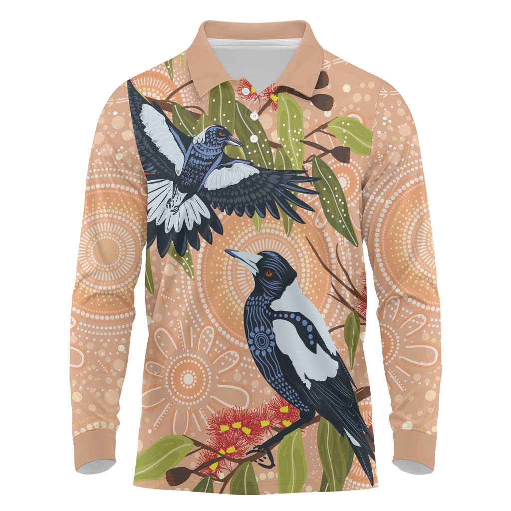 Magpies On Eucalyptus Australia Aboriginal Long Sleeve Polo Shirt - Aussie Hoodie