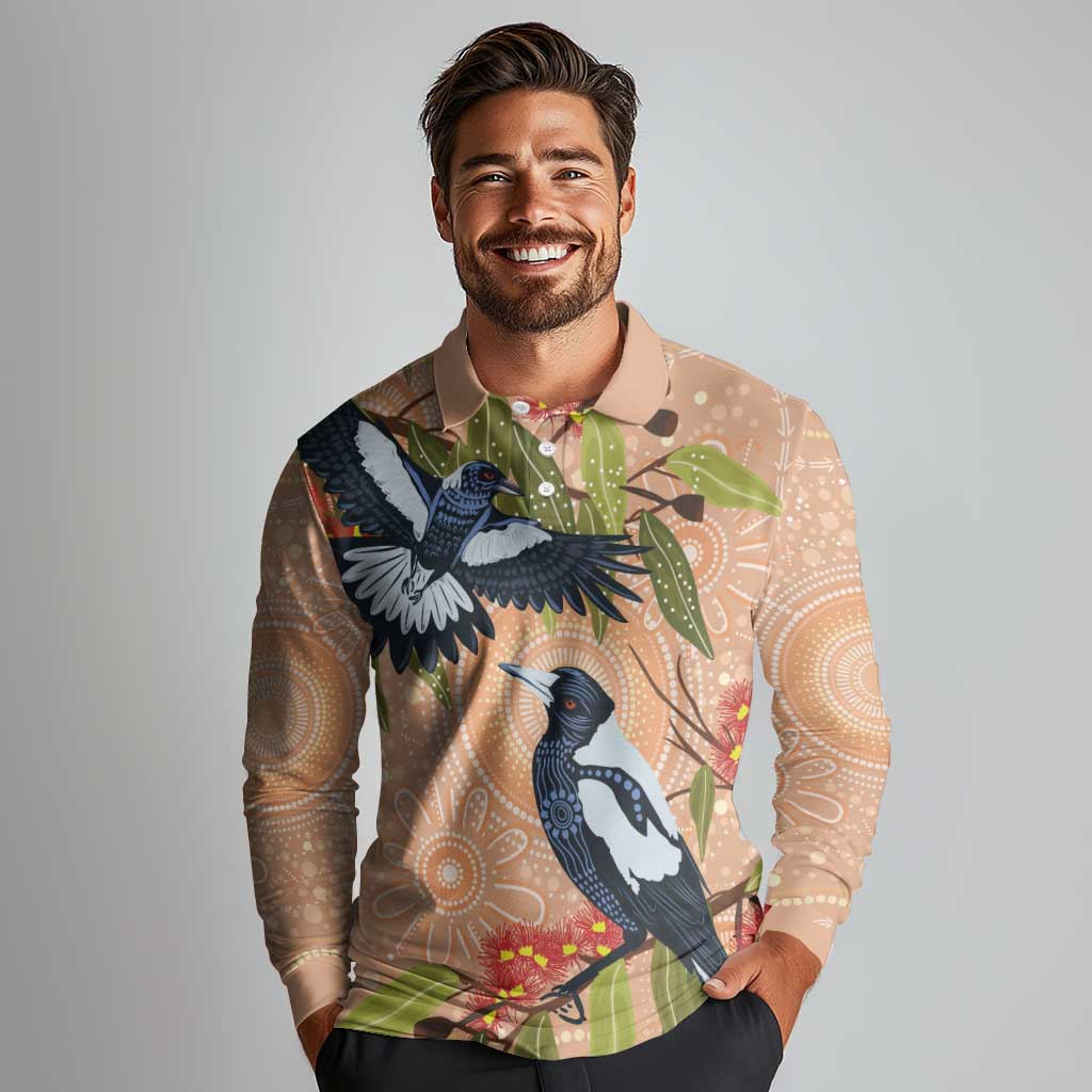 Magpies On Eucalyptus Australia Aboriginal Long Sleeve Polo Shirt - Aussie Hoodie