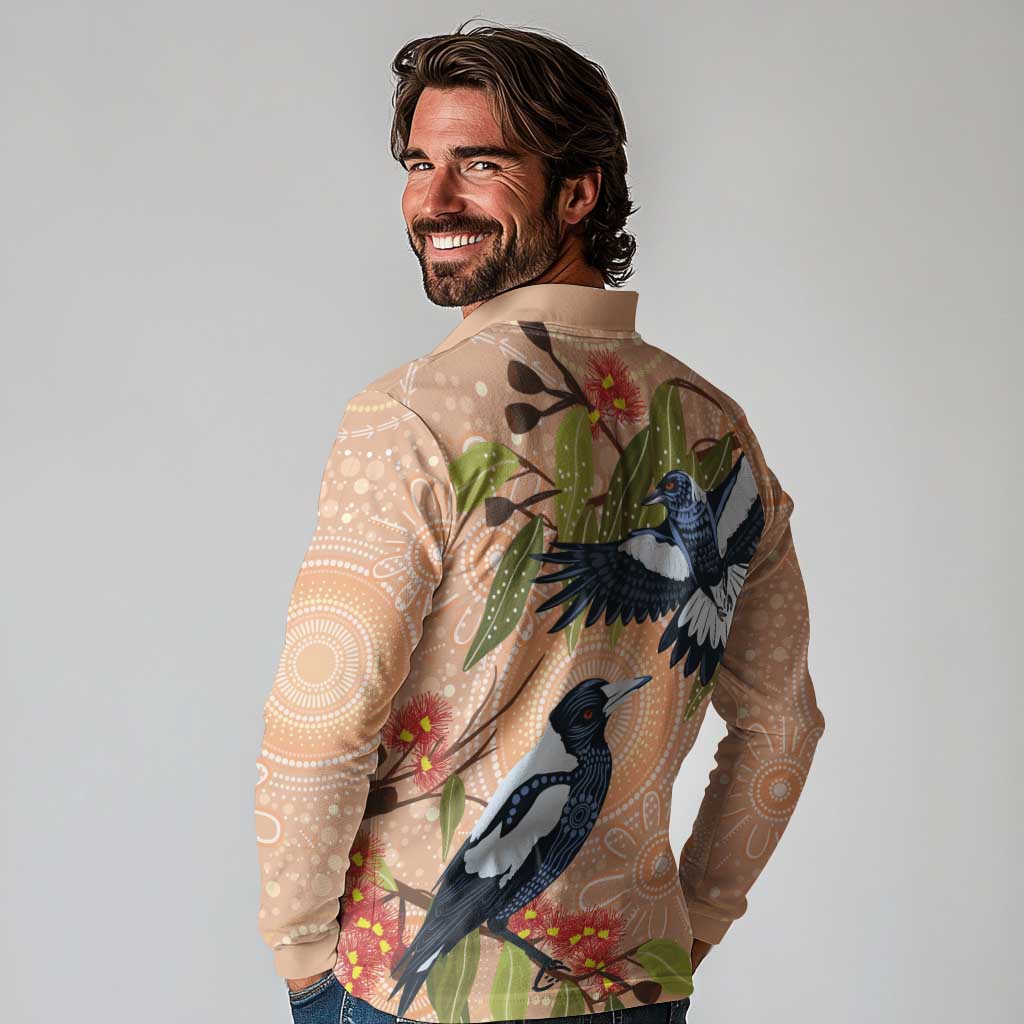Magpies On Eucalyptus Australia Aboriginal Long Sleeve Polo Shirt - Aussie Hoodie