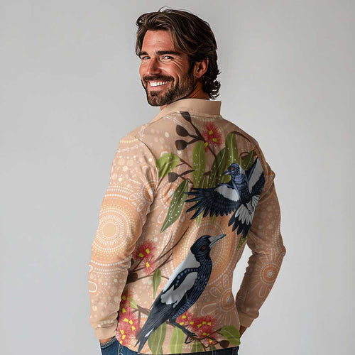 Magpies On Eucalyptus Australia Aboriginal Long Sleeve Polo Shirt - Aussie Hoodie