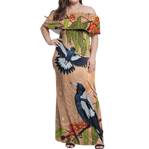 Magpies On Eucalyptus Australia Aboriginal Off Shoulder Maxi Dress - Aussie Hoodie