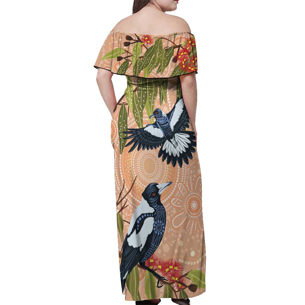 Magpies On Eucalyptus Australia Aboriginal Off Shoulder Maxi Dress - Aussie Hoodie