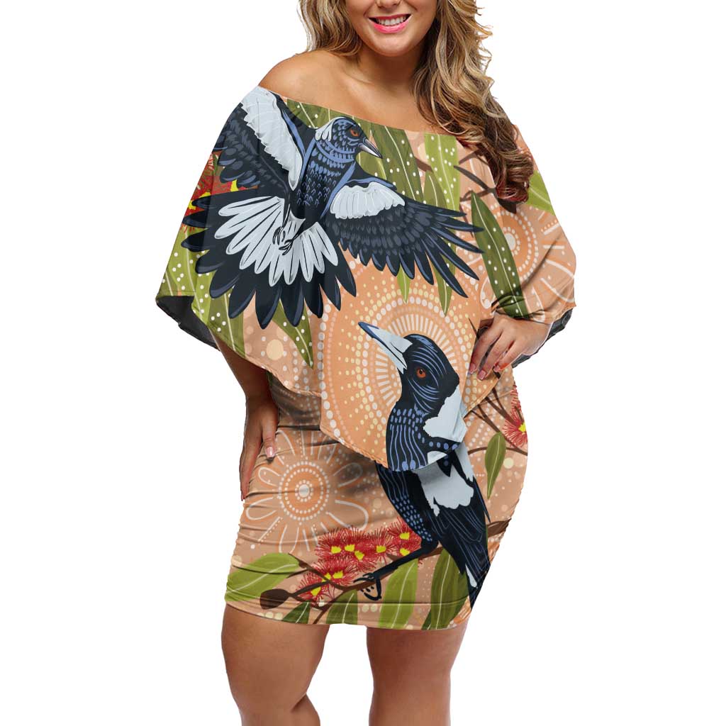 Magpies On Eucalyptus Australia Aboriginal Off Shoulder Short Dress - Aussie Hoodie