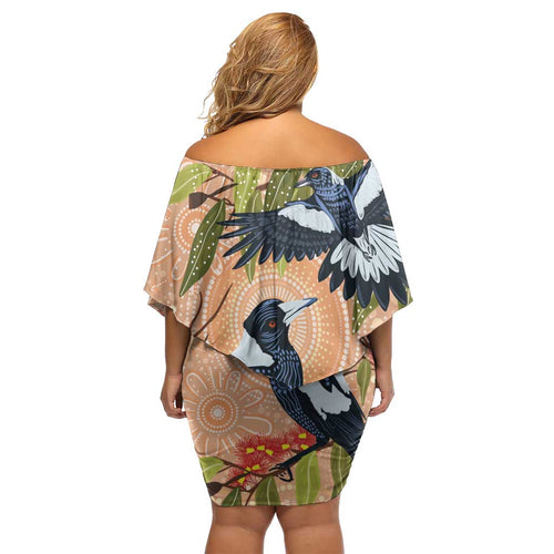 Magpies On Eucalyptus Australia Aboriginal Off Shoulder Short Dress - Aussie Hoodie