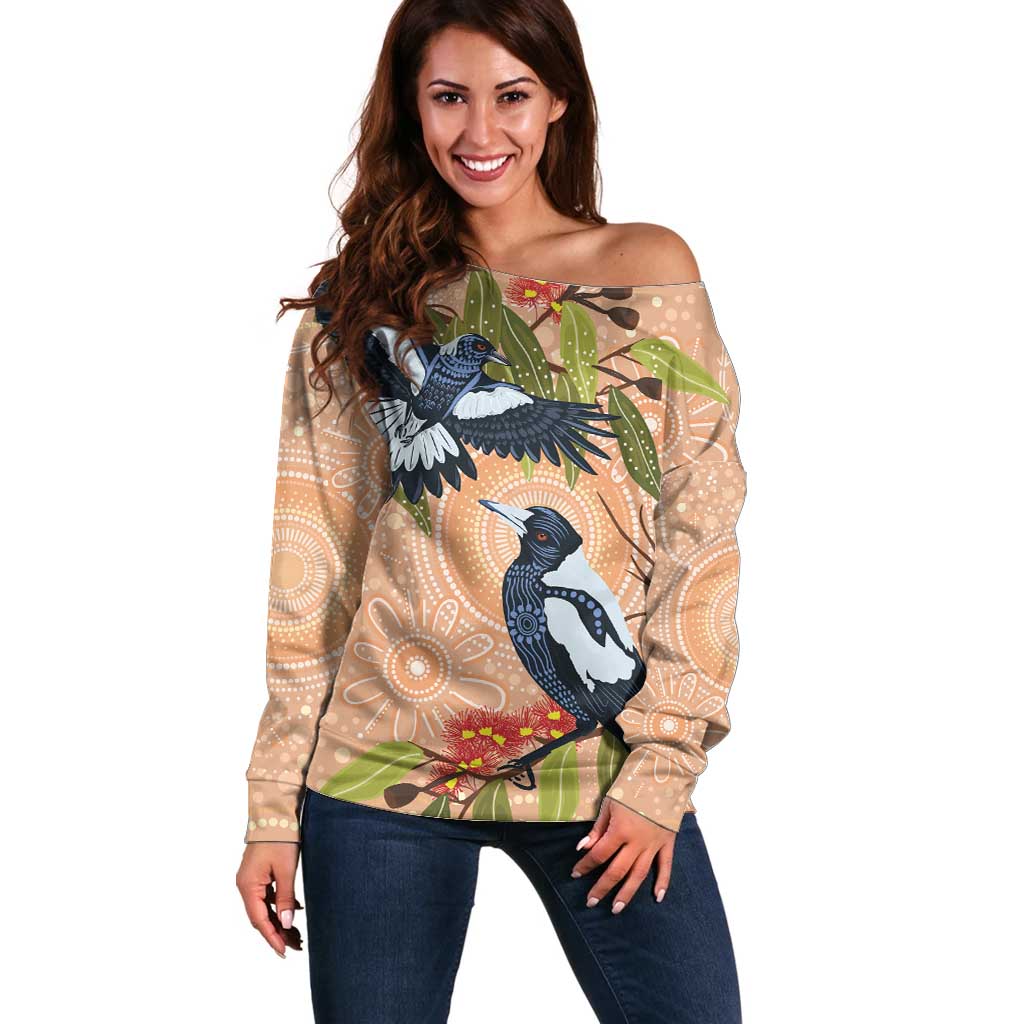 Magpies On Eucalyptus Australia Aboriginal Off Shoulder Sweater - Aussie Hoodie