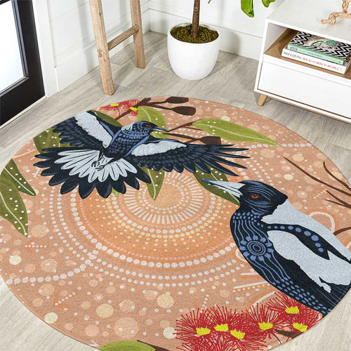 Magpies On Eucalyptus Australia Aboriginal Round Carpet - Aussie Hoodie