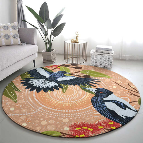 Magpies On Eucalyptus Australia Aboriginal Round Carpet - Aussie Hoodie