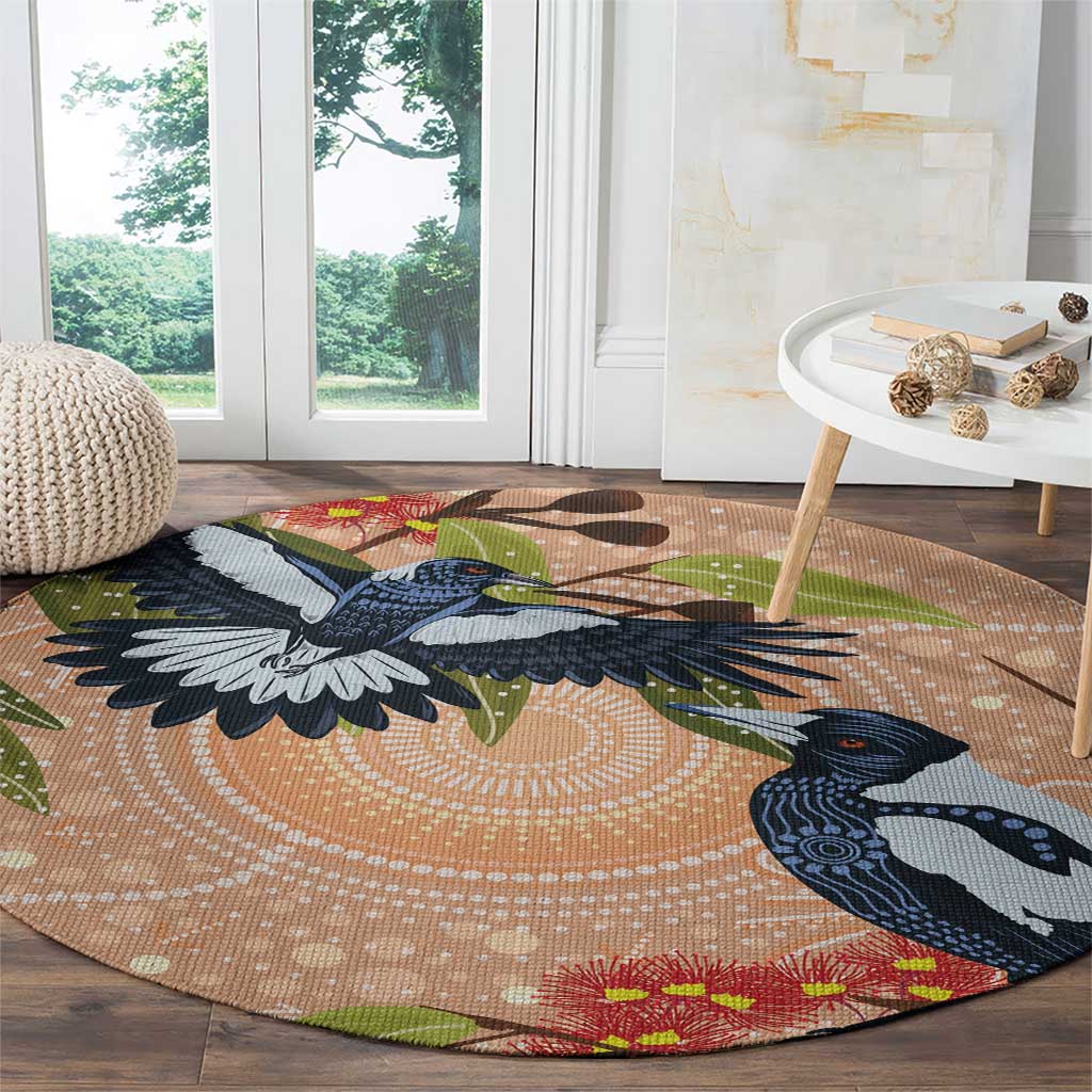 Magpies On Eucalyptus Australia Aboriginal Round Carpet - Aussie Hoodie
