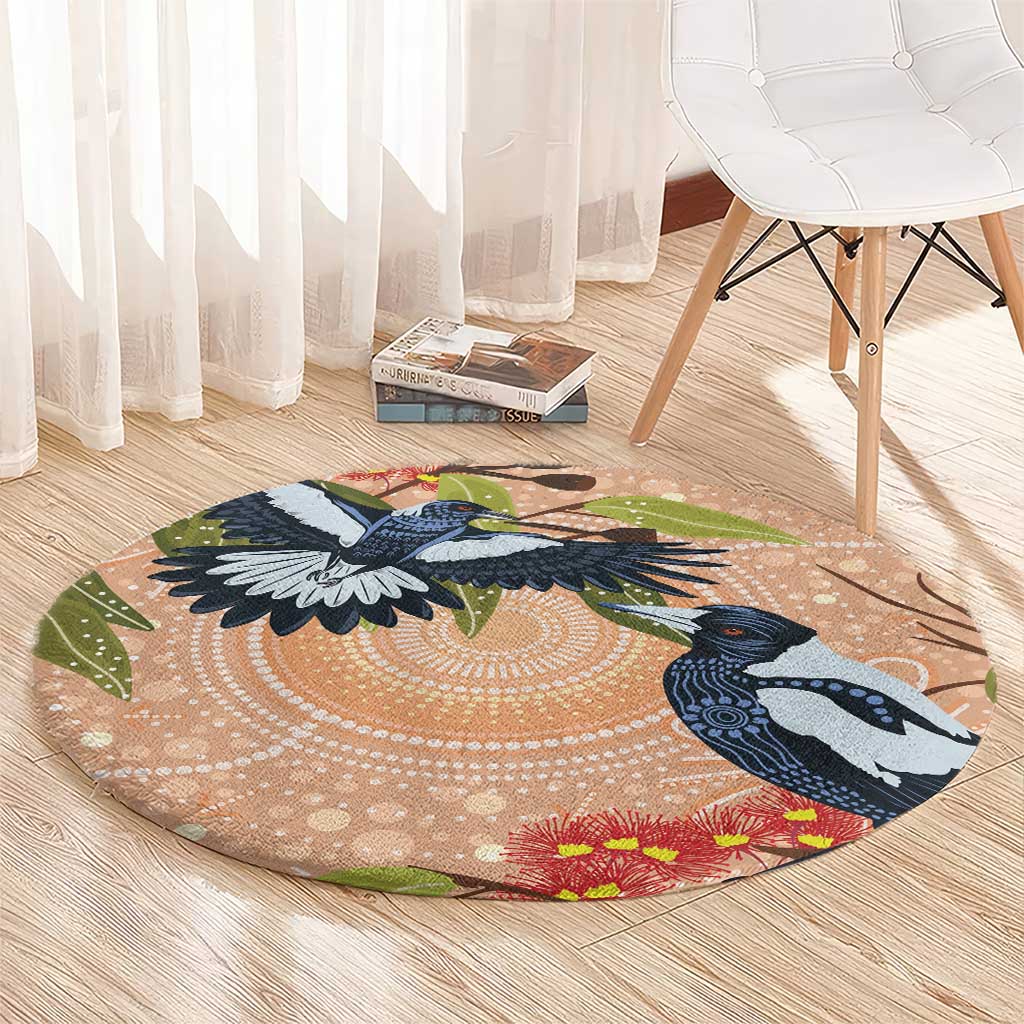 Magpies On Eucalyptus Australia Aboriginal Round Carpet - Aussie Hoodie
