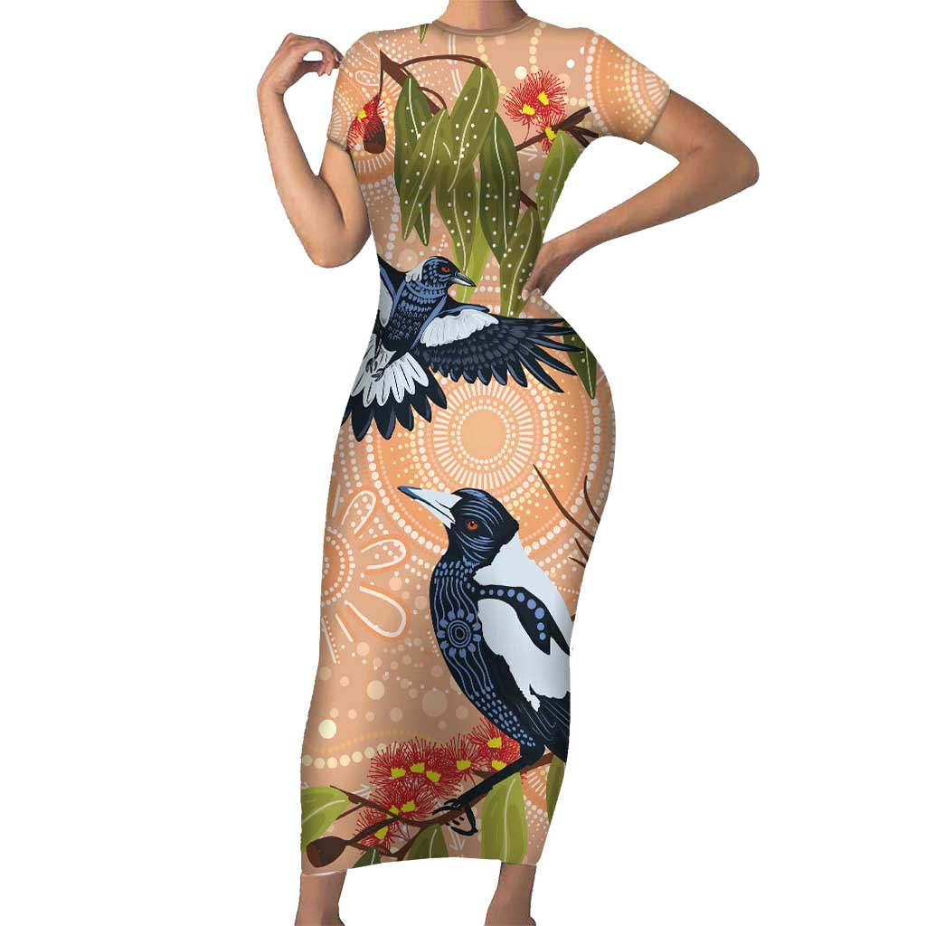 Magpies On Eucalyptus Australia Aboriginal Short Sleeve Bodycon Dress - Aussie Hoodie