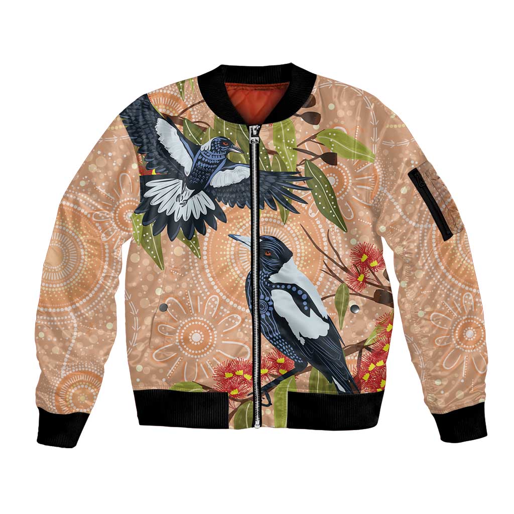 Magpies On Eucalyptus Australia Aboriginal Sleeve Zip Bomber Jacket - Aussie Hoodie