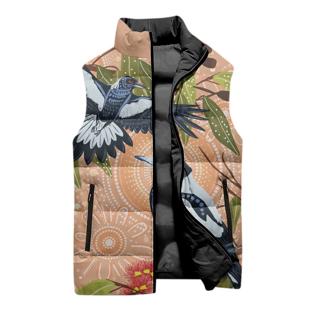 Magpies On Eucalyptus Australia Aboriginal Sleeveless Puffer Jacket - Aussie Hoodie