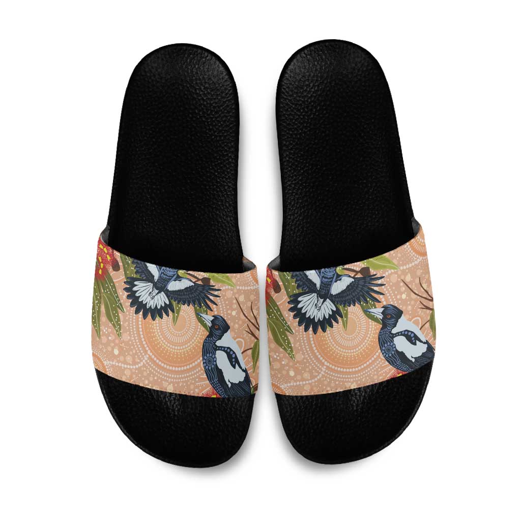 Magpies On Eucalyptus Australia Aboriginal Slide Sandals - Aussie Hoodie